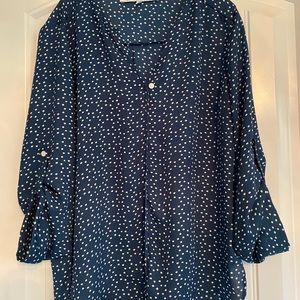 Blue and white polka dot long sleeve to 3/4 sleeve rolled up soft dress shirt.